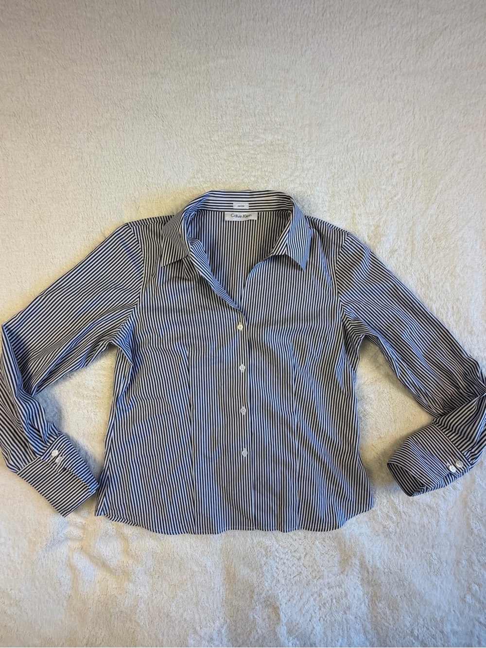 Calvin Klein Blue and White Striped Women's Button-Down Shirt